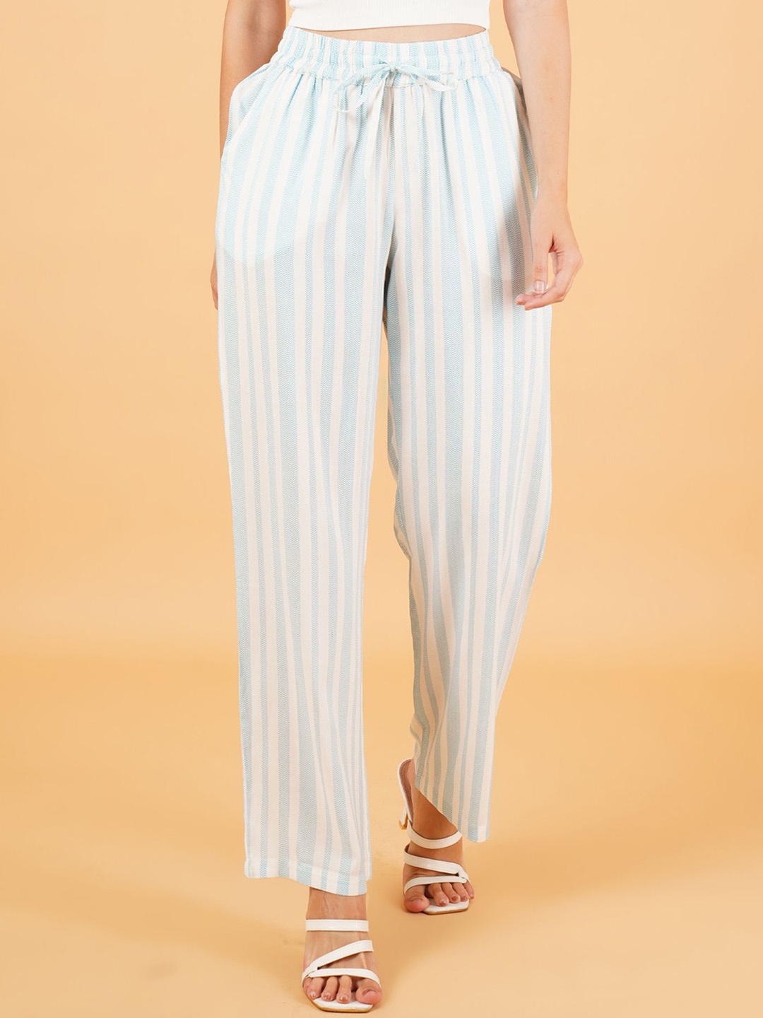 

IX IMPRESSION Striped Women Striped Regular Viscose Rayon Trousers, Blue