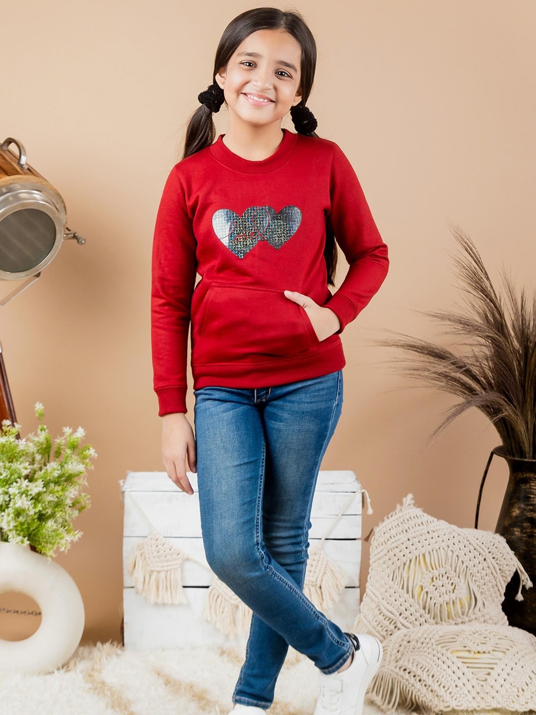 

Kids Cave Girls Polyester Bomber with Patchwork Jacket, Red