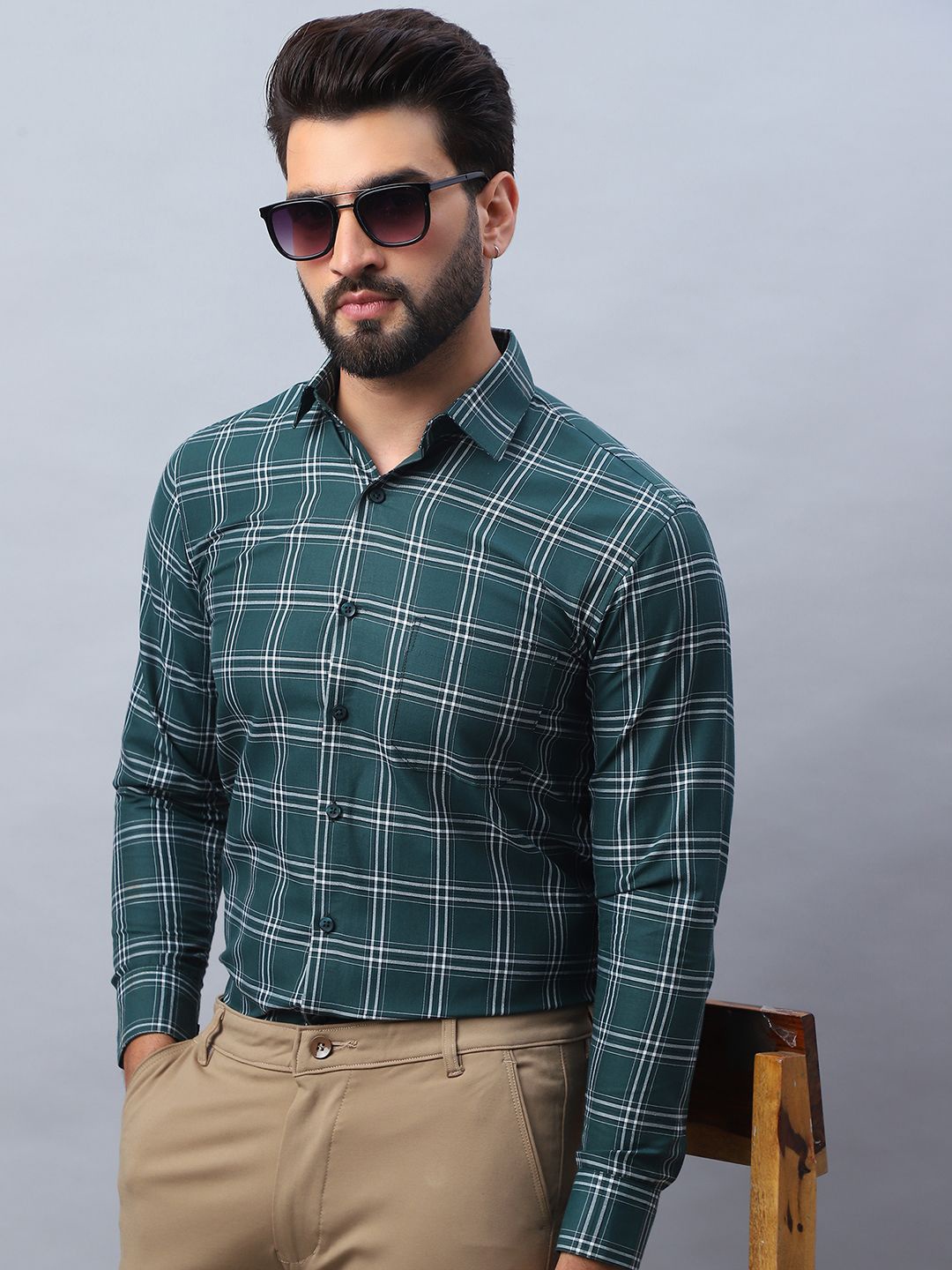 

Indian Needle Men Classic Tartan Checked Pure Cotton Formal Shirt, Green