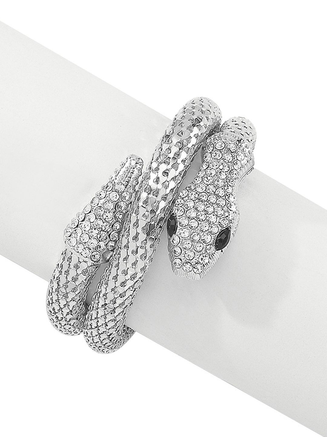 

FIMBUL Silver-Plated Stone-Studded Snake Shaped Cuff Bracelet