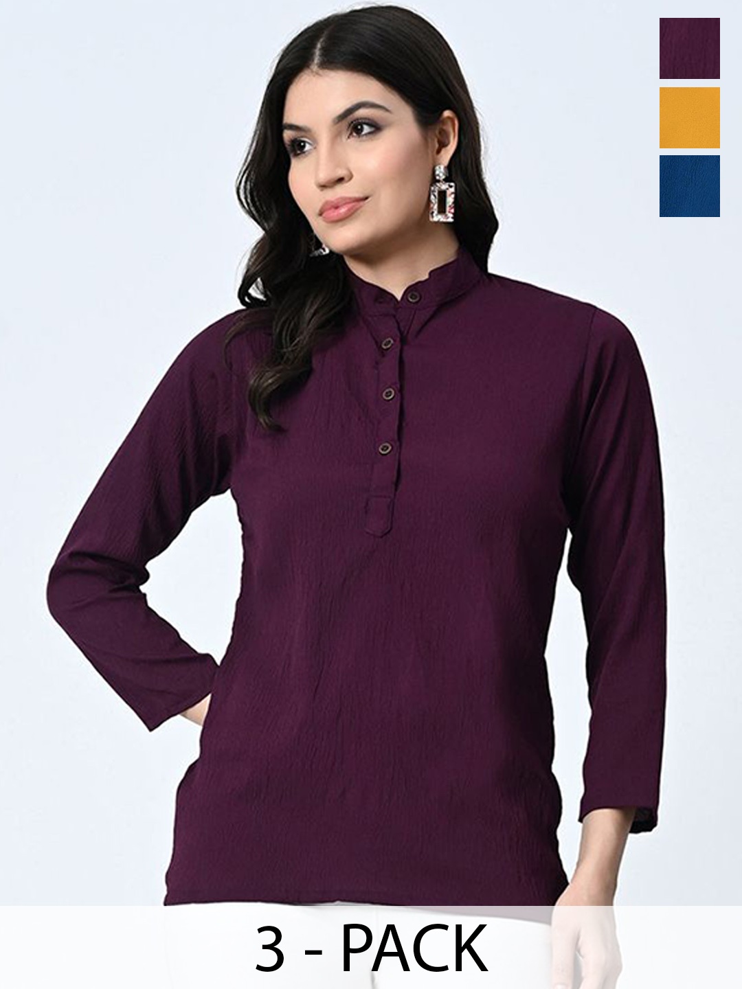 

BAESD Pack Of 3 Self Design Mandarin Collar Crepe Tops, Burgundy
