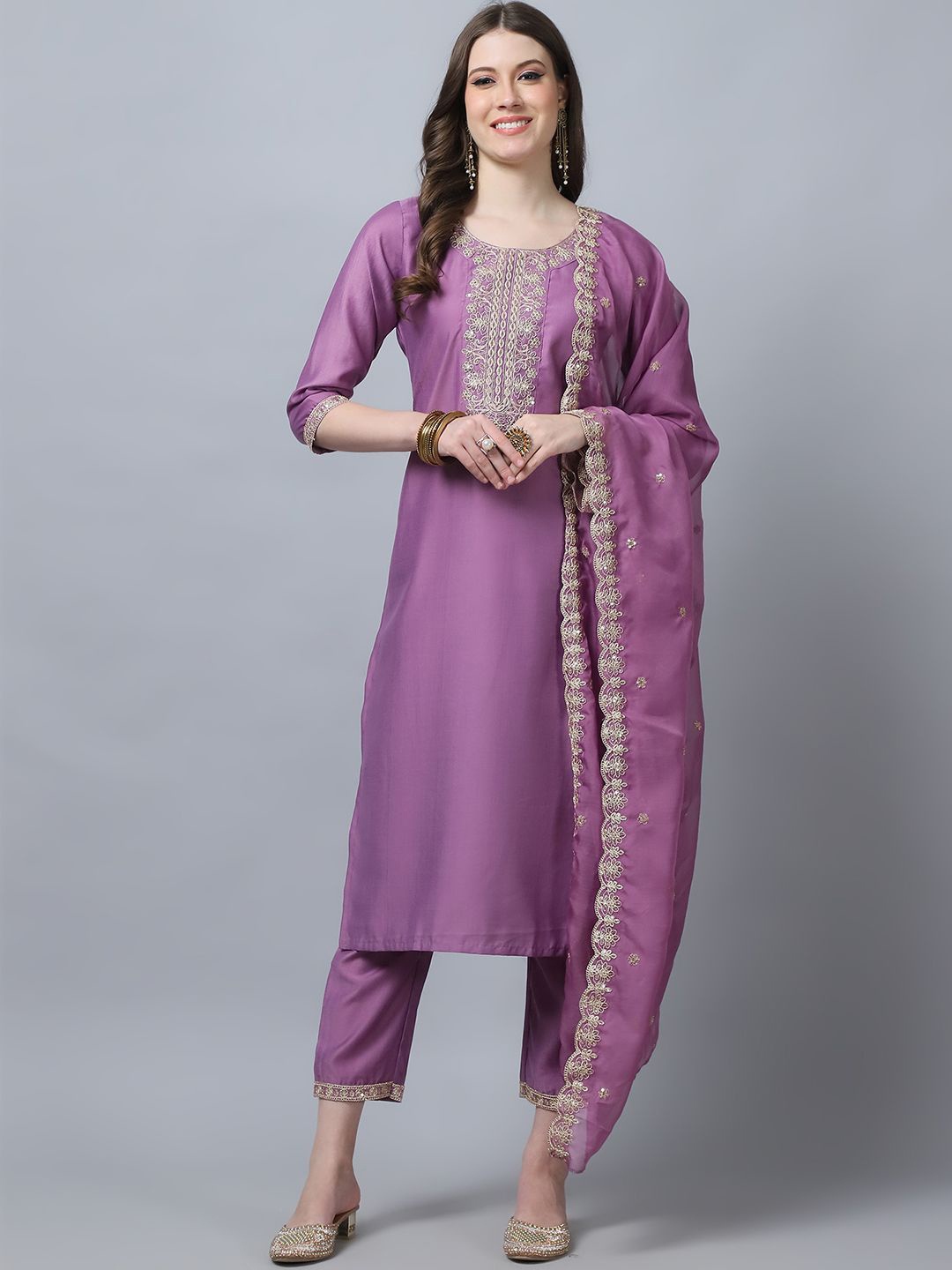 

KALINI Ethnic Motifs Embroidered Pure Silk Straight Kurta With Trousers & Dupatta, Purple