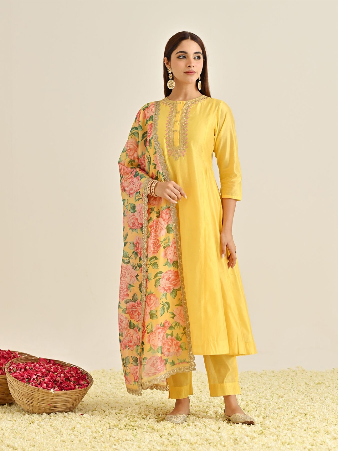 

Rustorange Ethnic Motifs Yoke Design Thread Work A-Line Kurta With Trousers & Dupatta, Yellow
