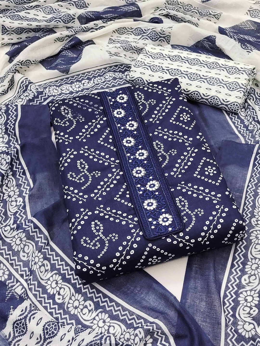 

Peachmode Printed Pure Cotton Unstitched Dress Material, Navy blue