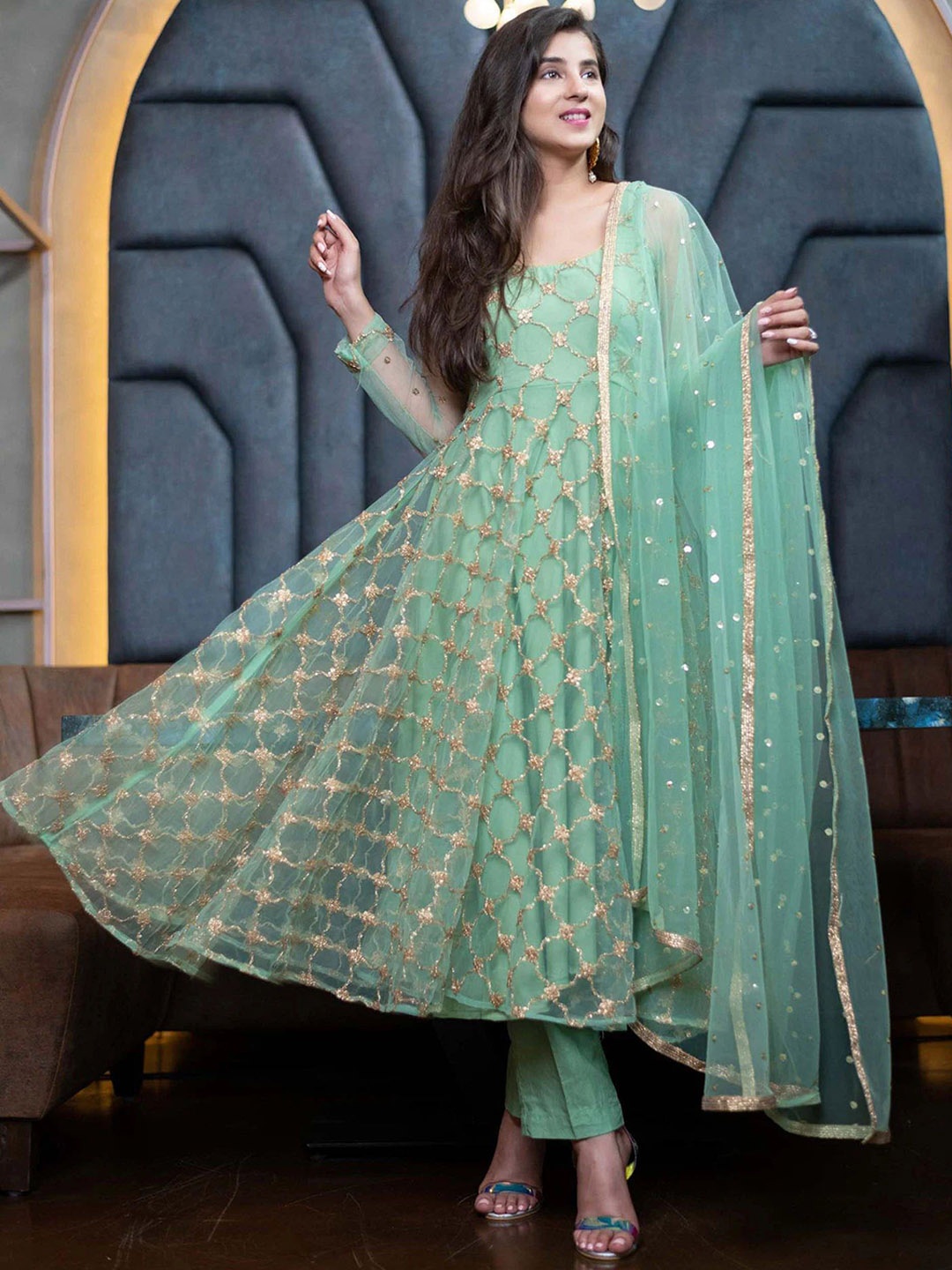 

KALINI Checked Embroidered Zari Satin Semi-Stitched Dress Material, Green