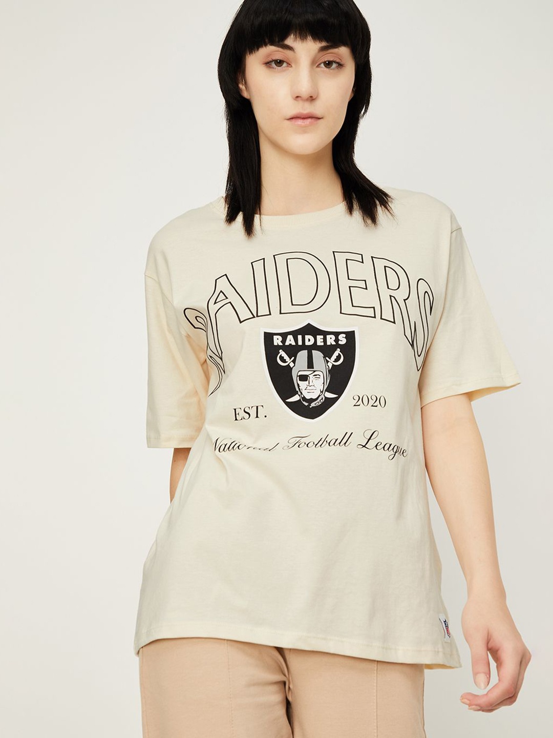 

max Women Typography Printed Round Neck Cotton T-Shirt, Beige