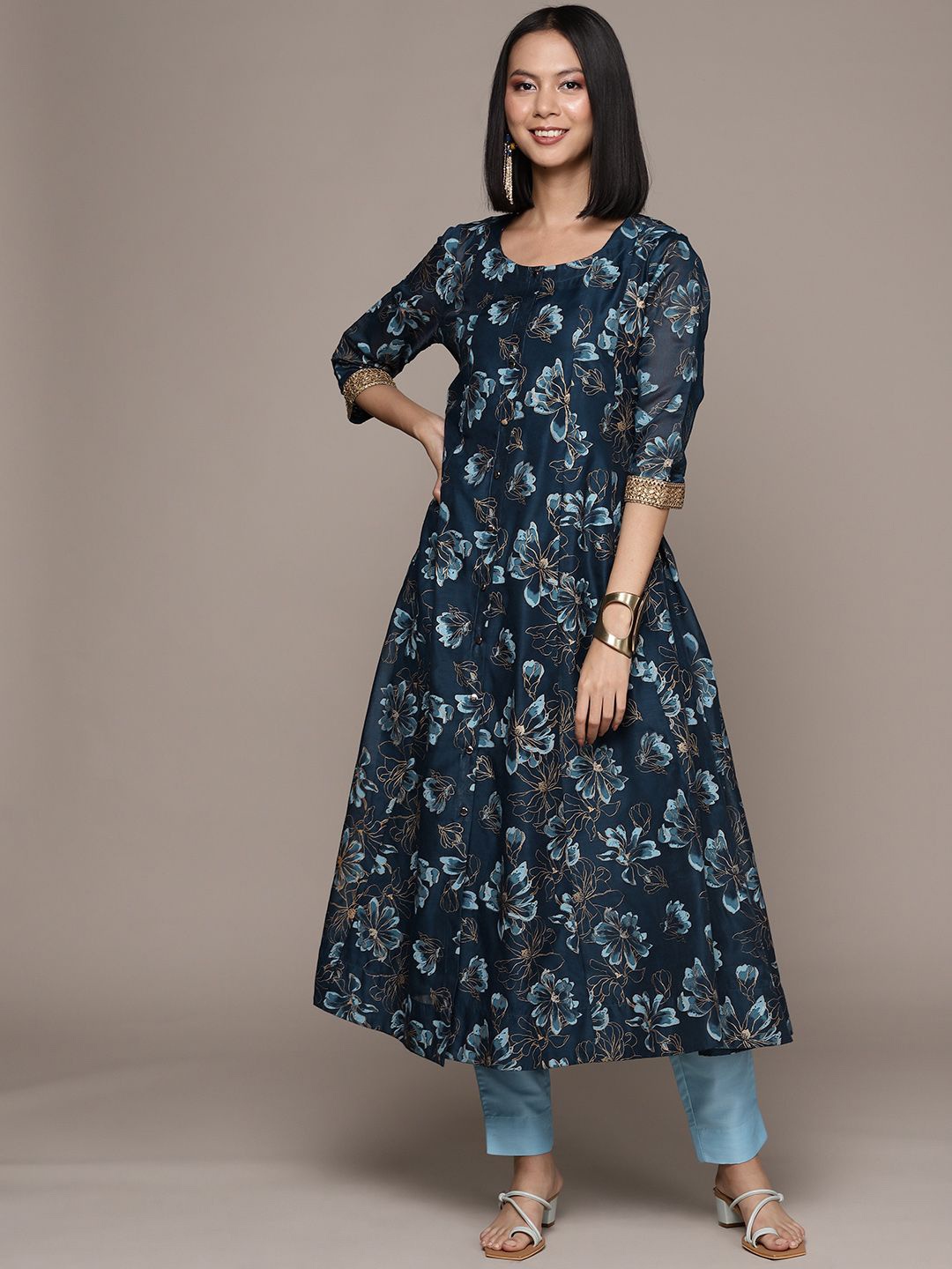 

ZIYAA Floral Foil Printed Regular A-Line Kurta With Trousers, Navy blue