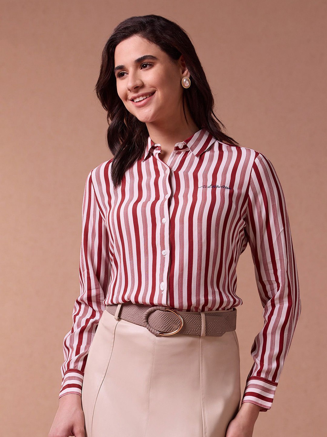 

U.S. Polo Assn. Women Vertical Striped Relaxed Fit Casual Shirt, Pink