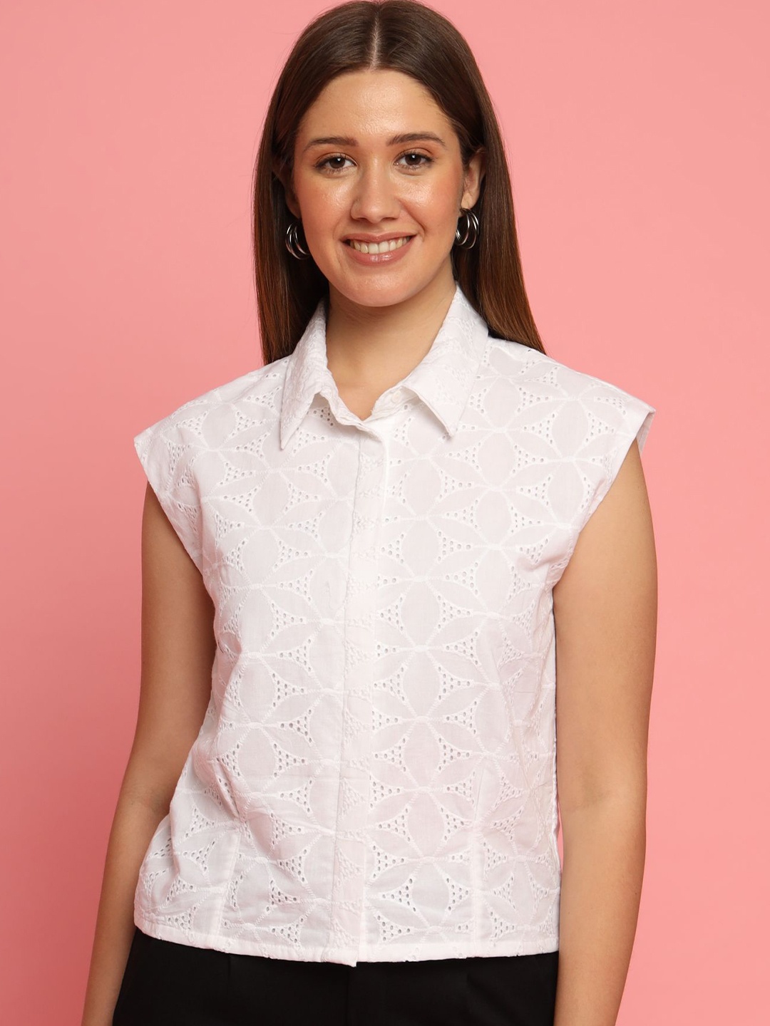 

KIZI Women Spread Collar Self Design Schiffli Cotton Casual Shirt, White