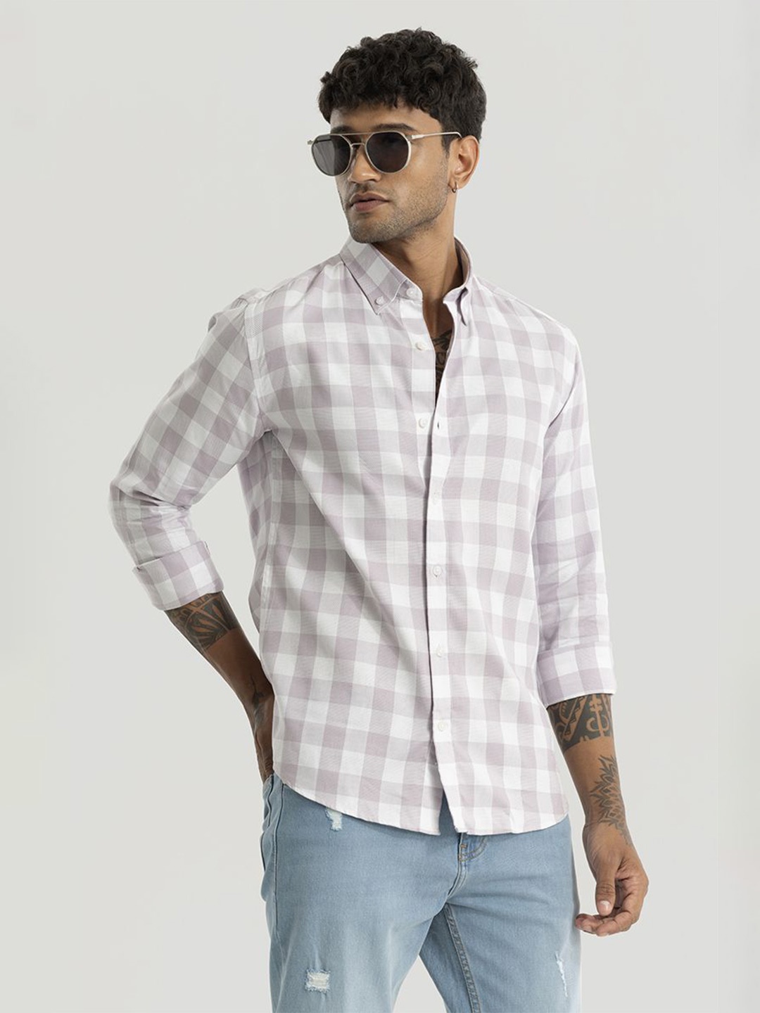 

Snitch Men Smart Slim Fit Checked Button-Down Collar Casual Shirt, Lavender
