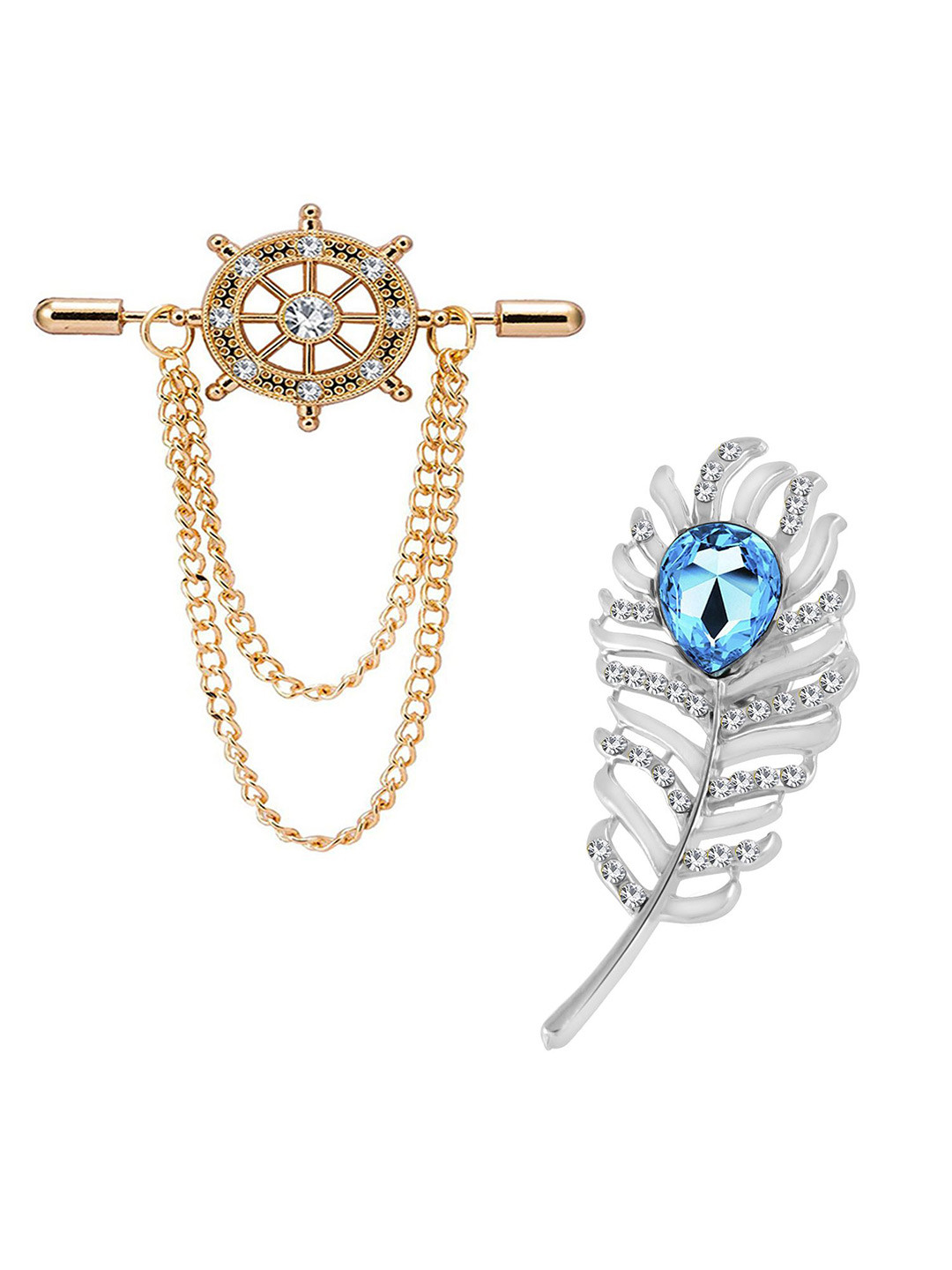 

Okos Men Set Of 2 Rose Gold and Rhodium Plated Peacock Feather Wheel Brooches