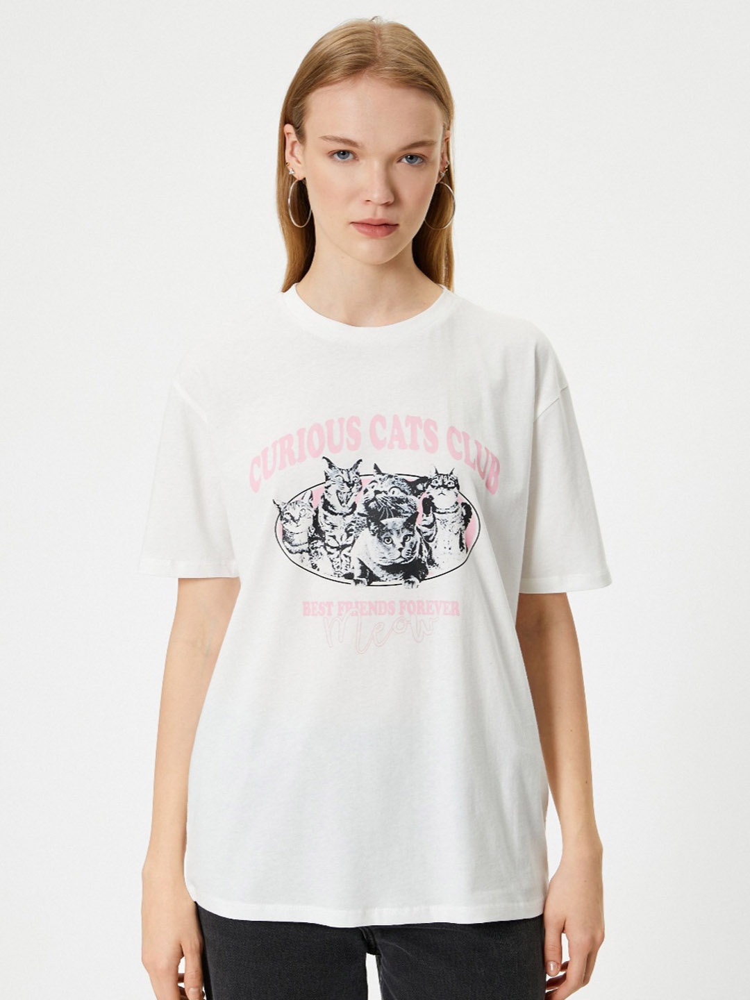 

Koton Women Graphic Printed Round Neck Cotton Relaxed Fit T-Shirt, Off white