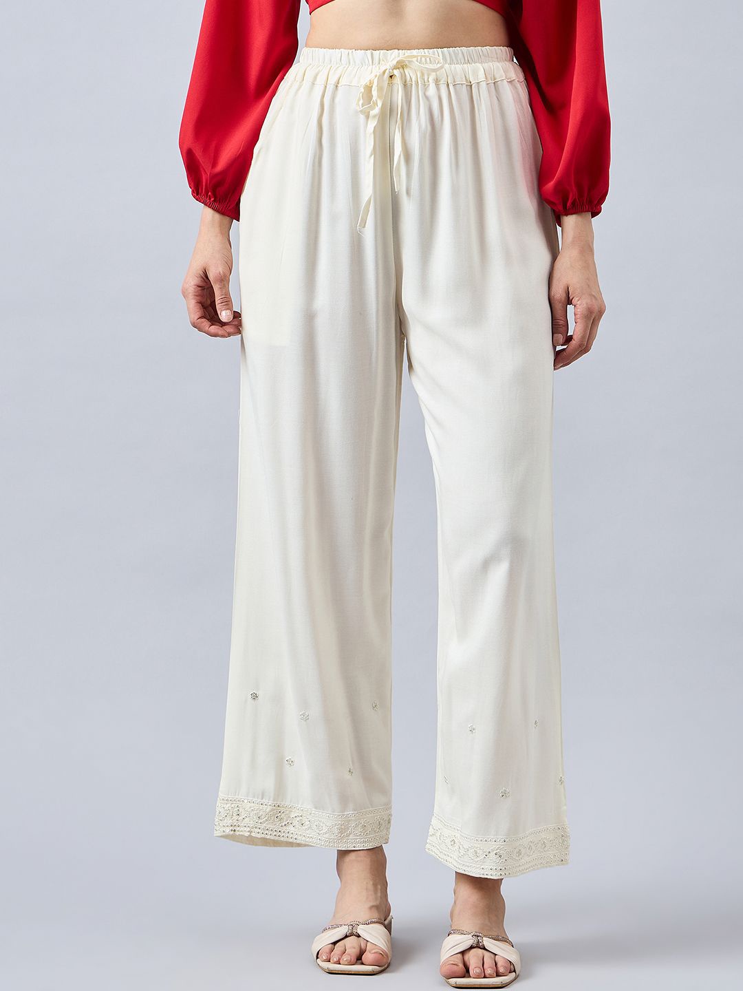 

THE PAJAMA FACTORY Women Embroidered Palazzos, Cream