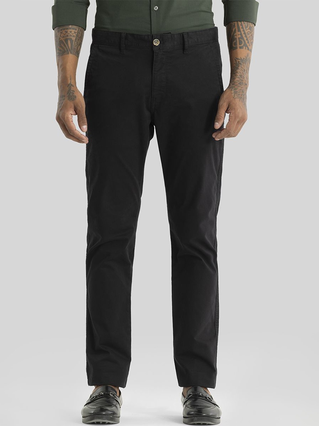 

Snitch Men Cotton Mid-Rise Flat-Front Smart Slim Fit Chinos Trousers, Black