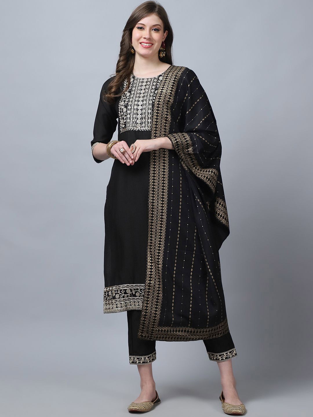 

KALINI Floral Yoke Design Pure Silk Kurta with Trousers & Dupatta, Black