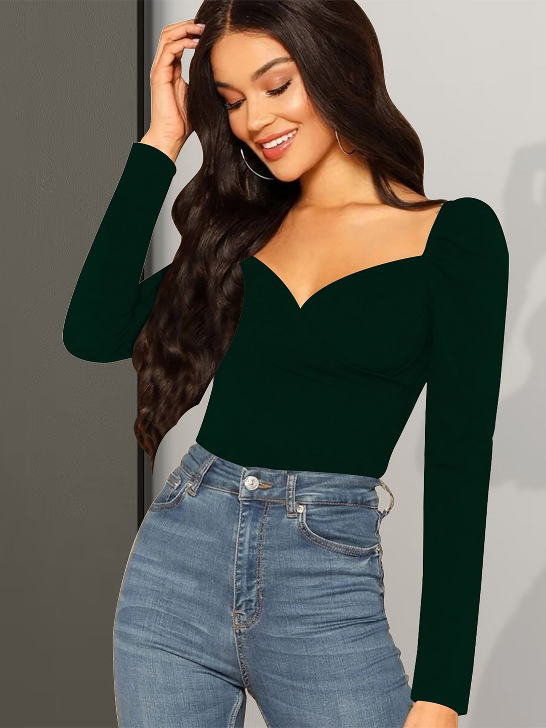 

Dream Beauty Fashion Women Solid Sweetheart Neck Top, Green