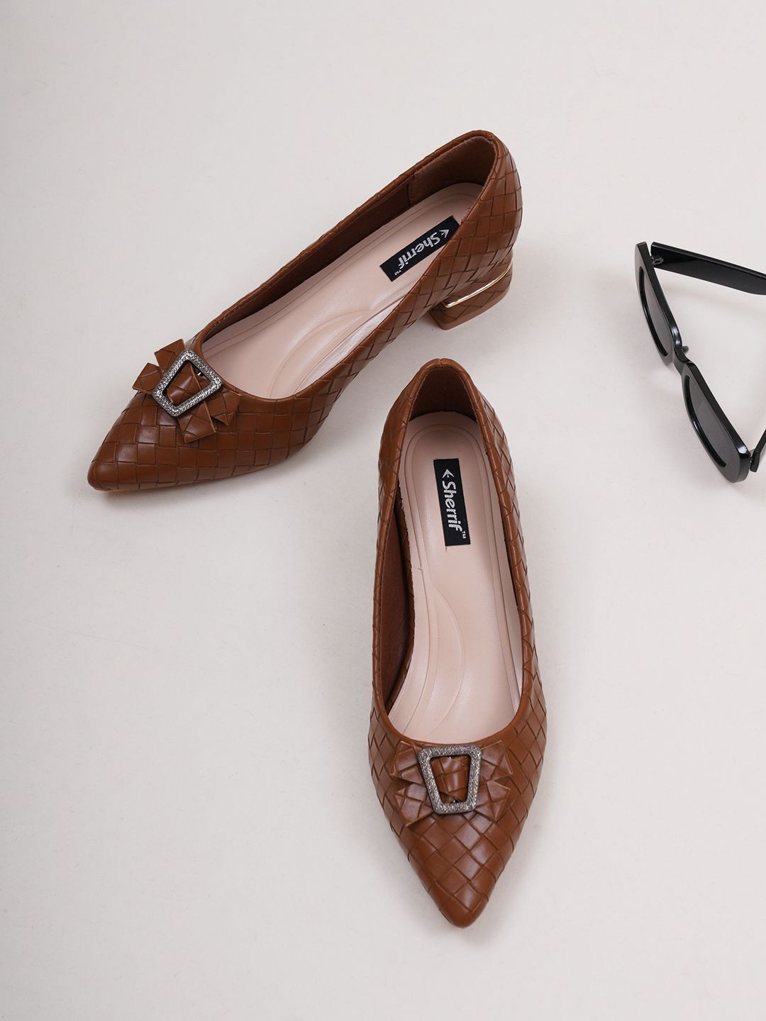 

Sherrif Shoes Pointed Toe Textured Block Pumps, Brown