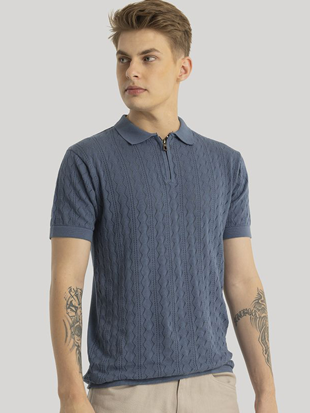 

Snitch Men Self Design Polo Collar Slim Fit T-shirt, Blue
