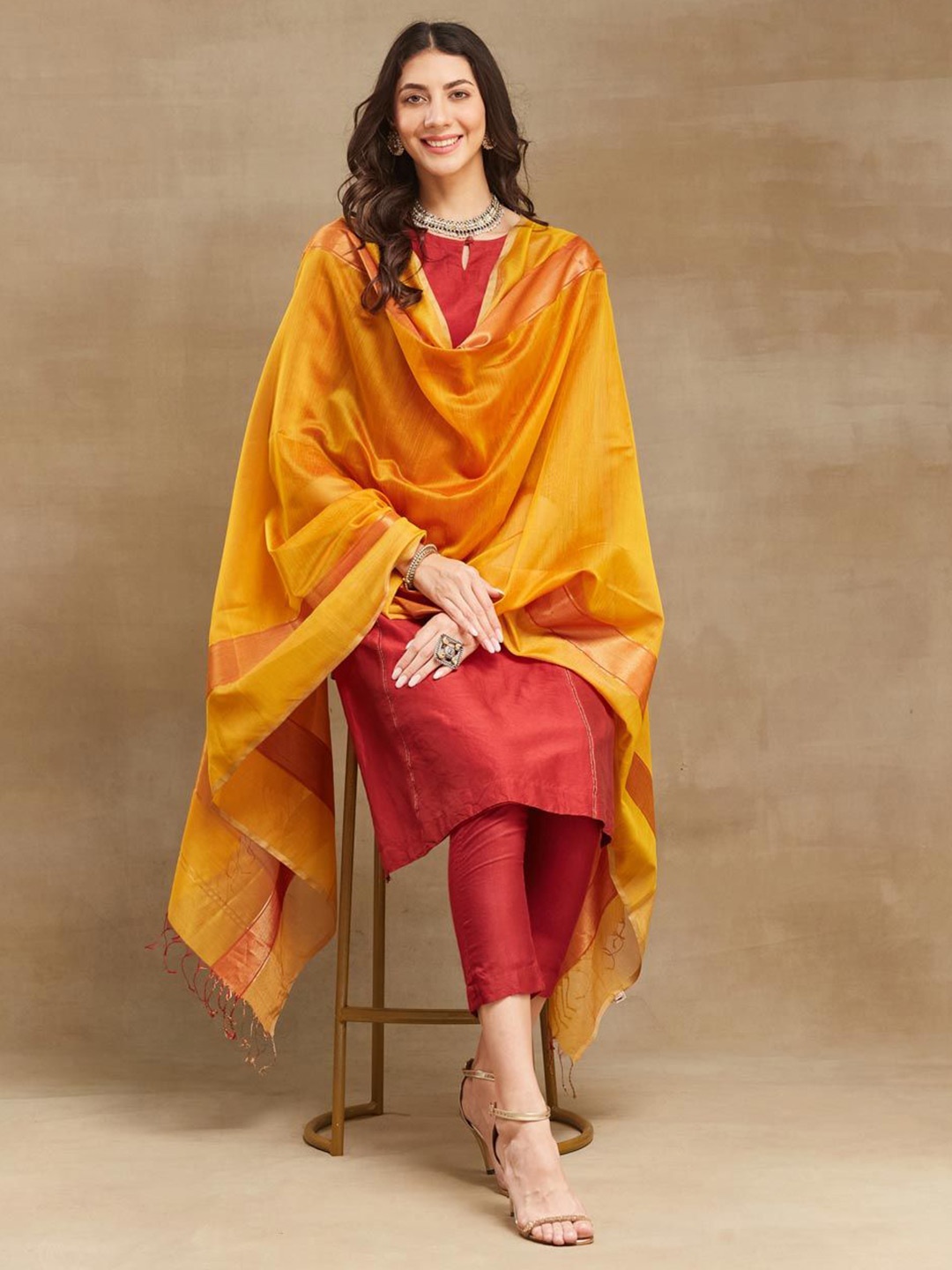 

Fabindia Woven Design Cotton Silk Dupatta with Zari, Mustard