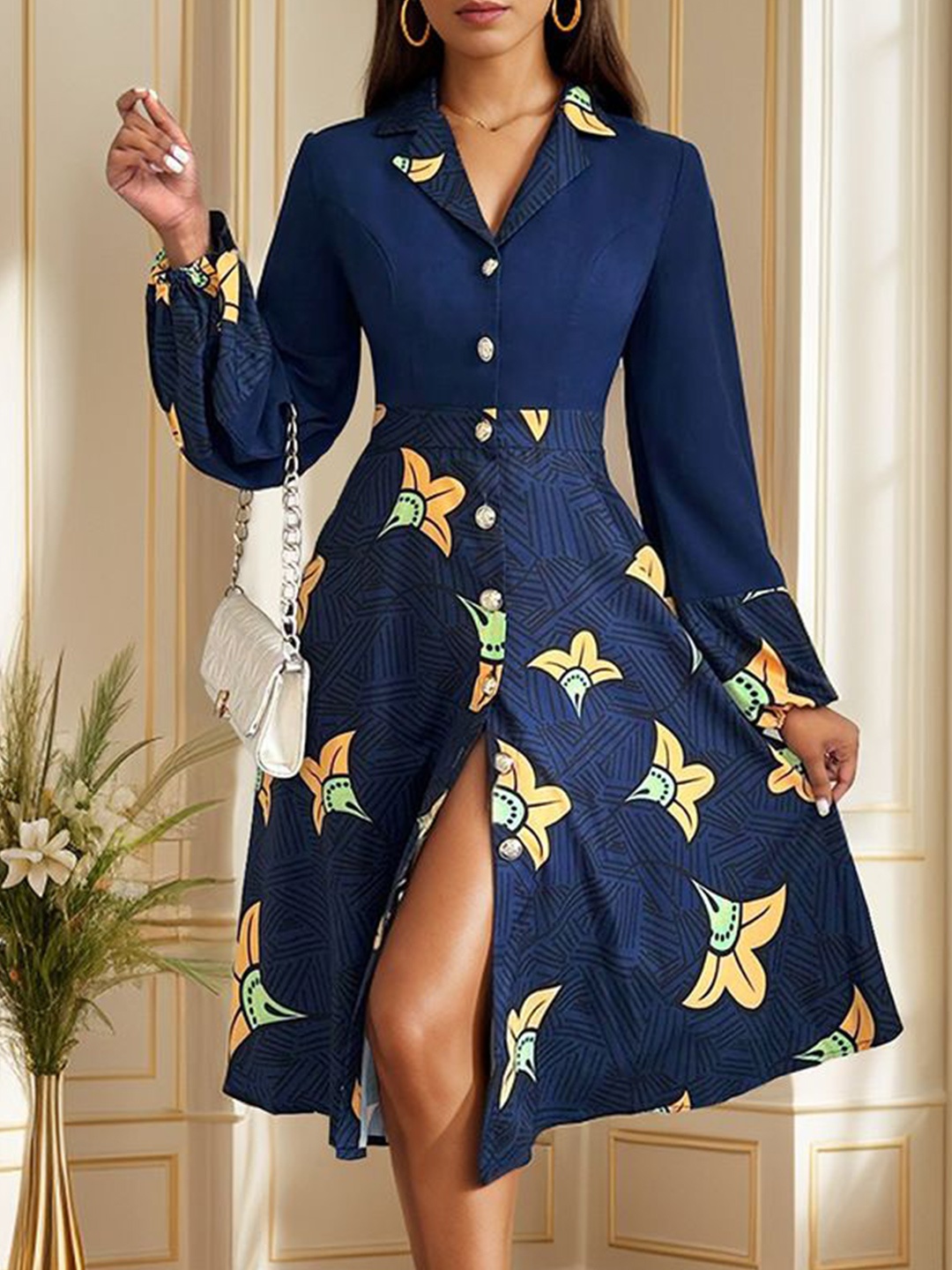 

StyleCast x Revolte Floral Printed Cuffed Sleeves Shirt Dress, Blue