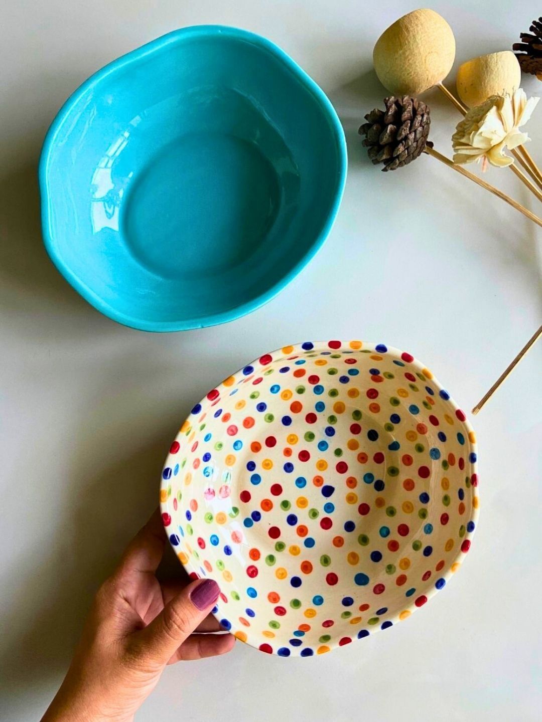 

WEAVING HOMES Off White & Blue 2 Pieces Printed Ceramic Bowls