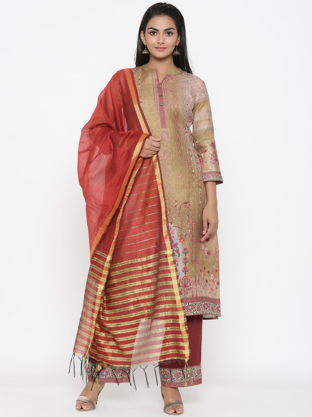 

Anouk Floral Printed Regular Pure Silk Straight Kurta with Palazzos & Dupatta, Beige