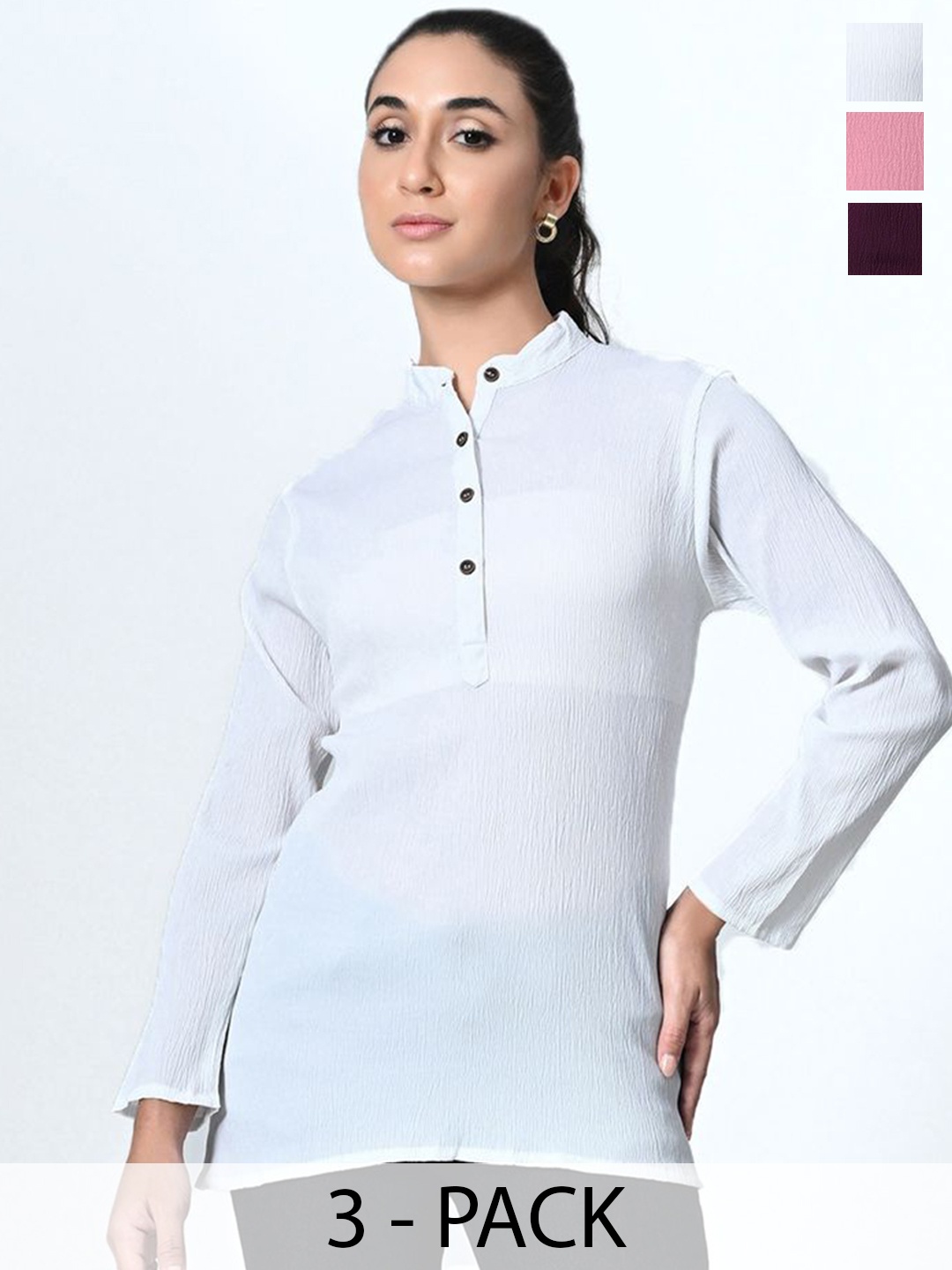 

BAESD Pack Of 3 Self Design Mandarin Collar Crepe Tops, White