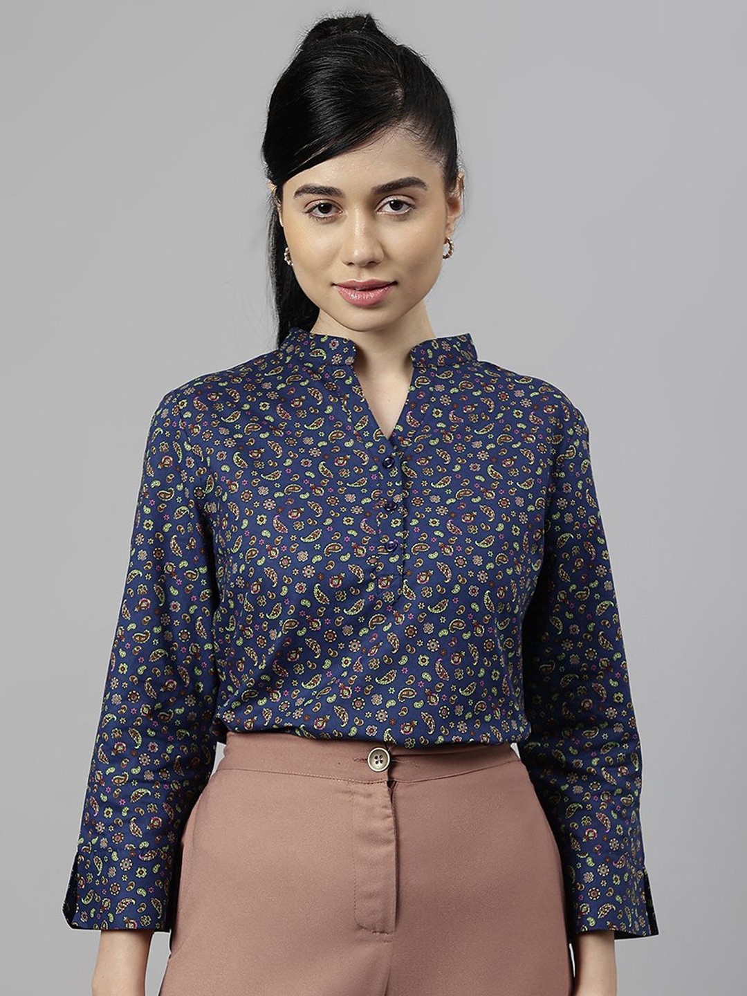 

Hancock Women Ethnic Printed Mandarin Collar Cotton Top, Navy blue