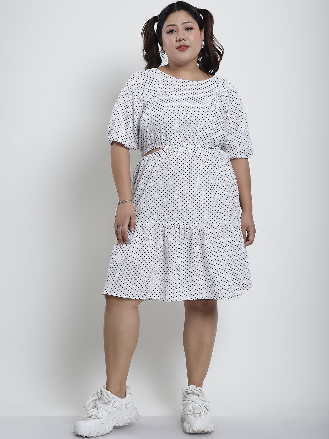 

thkgrlz Plus Size Polka Dot Printed Fit & Flare Dress, White