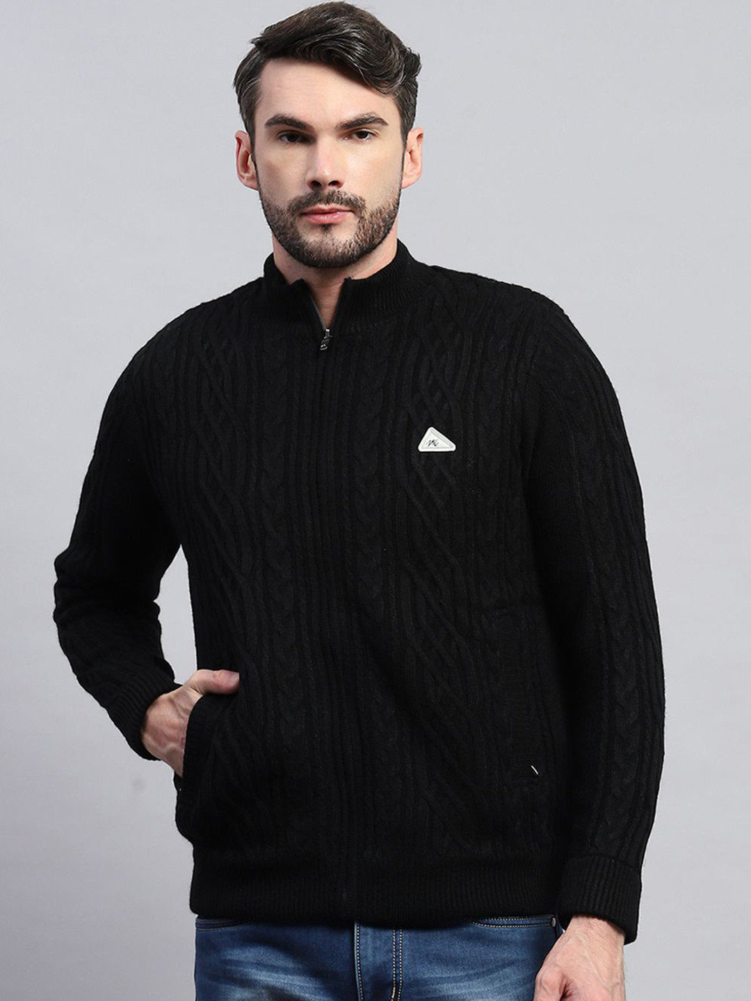 

Monte Carlo Men Cable Knit Woollen Cardigan, Black