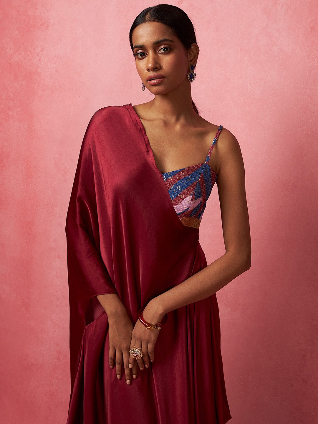 

Vedika M Women Satin One Shoulder A-Line Midi Dress, Maroon