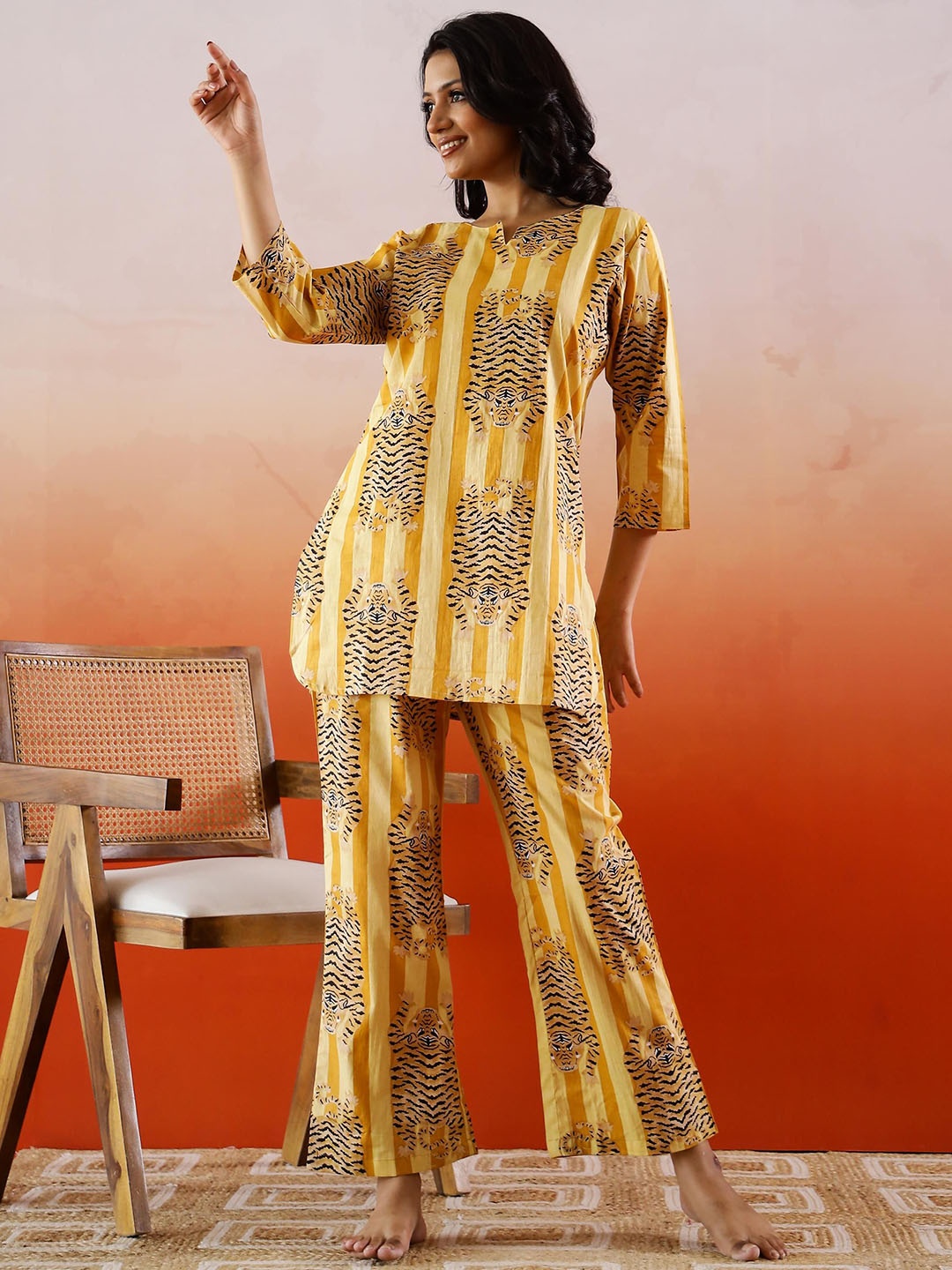 

FLAVIA CREATION Printed Pure Cotton Tunic With Trouser, Yellow
