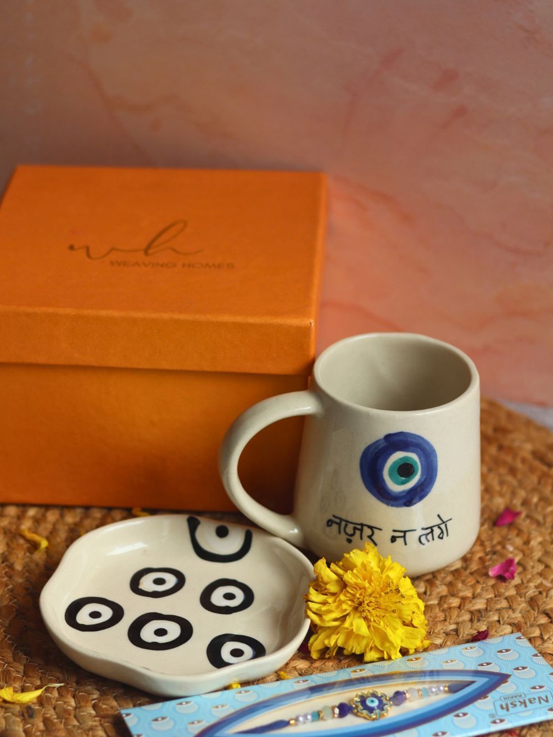 

WEAVING HOMES Set Of 3 Rakhi With Evil Eye Printed Mug & Dessert Plate, White