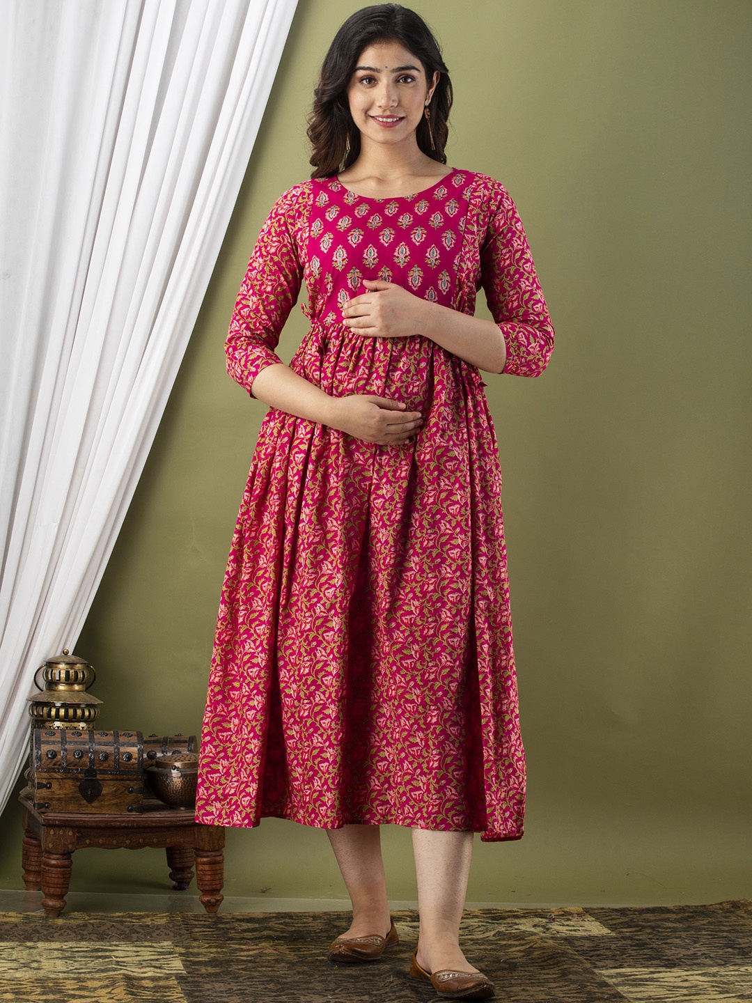 

Mialo fashion Printed Maternity Fit and Flare Ethnic Dresses, Pink