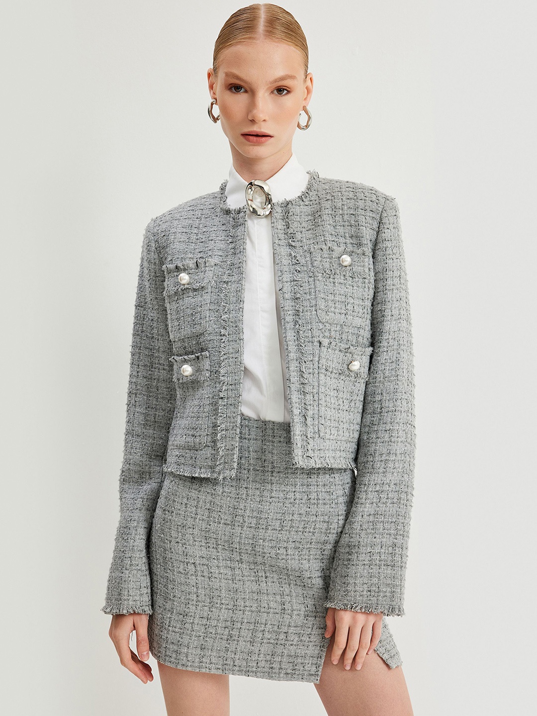

Koton Women Solid Longline Denim Jacket, Grey