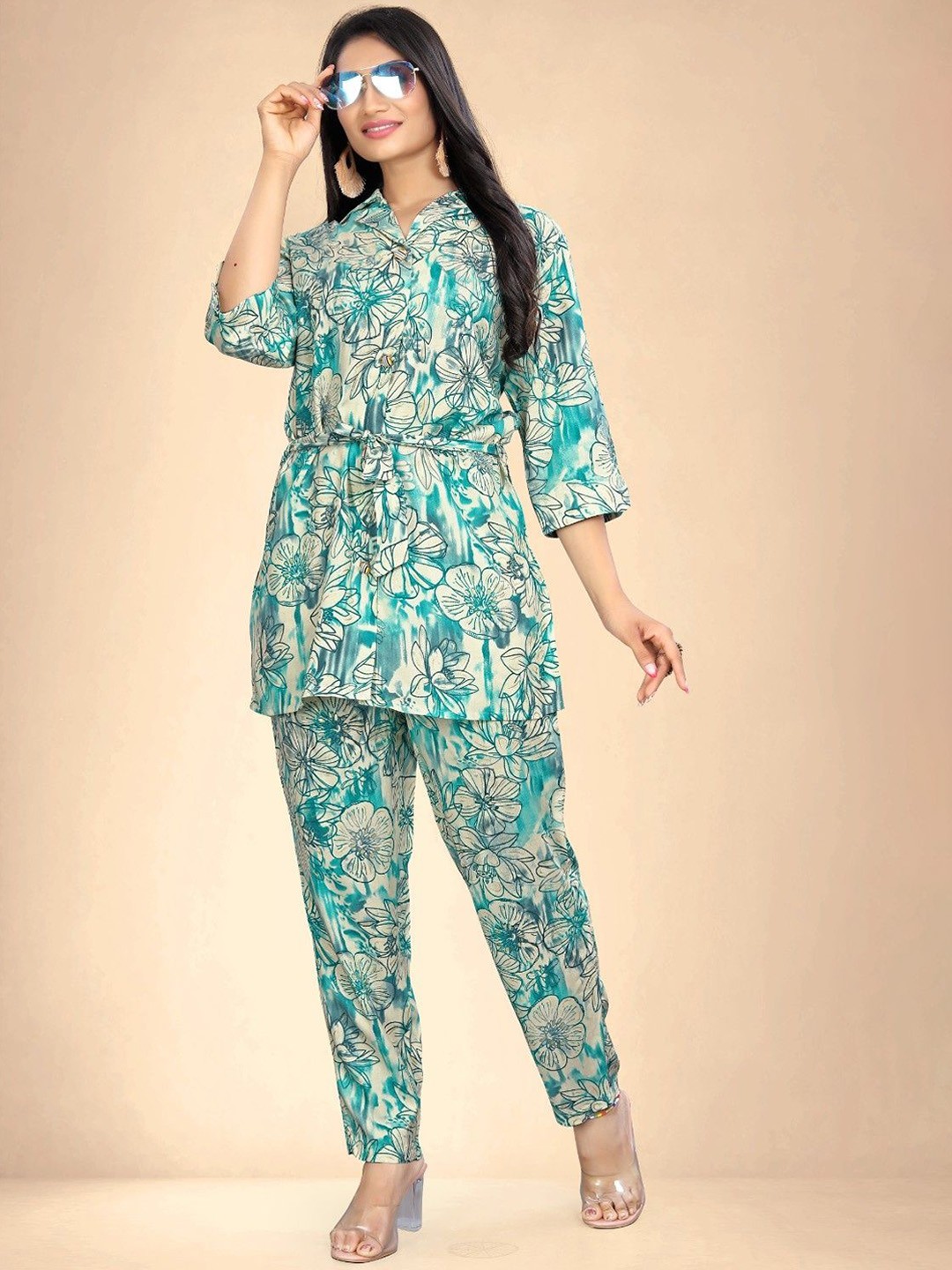 

Abhilasha Floral Printed Shirt Collar Pure Cotton Top & Trousers, Green