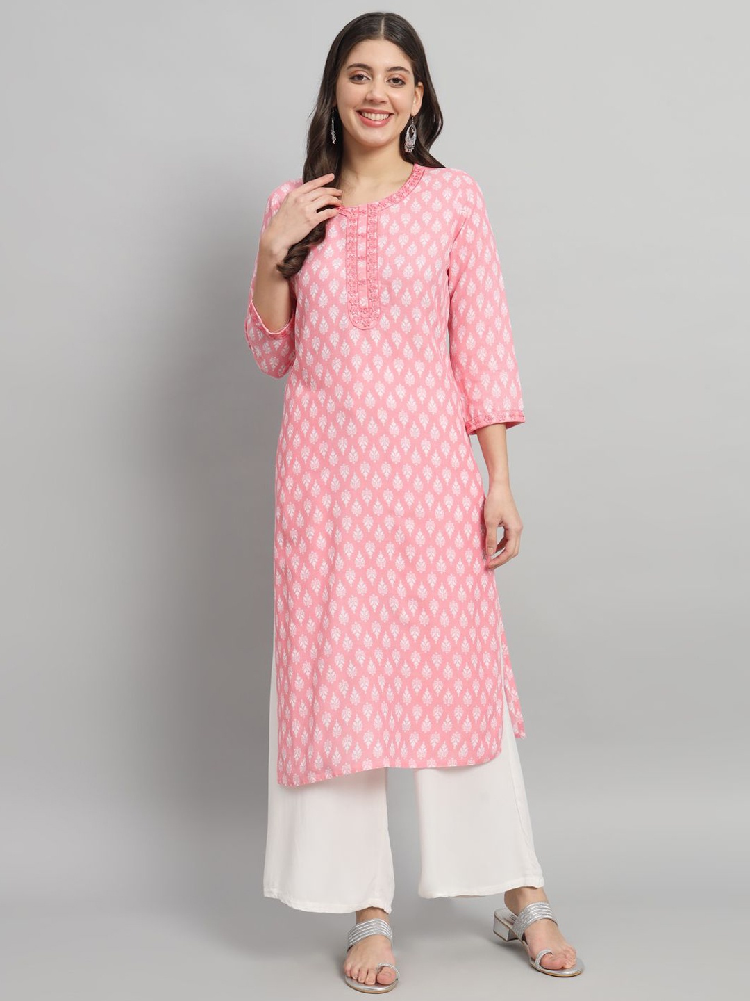 

PIDER Floral Printed Straight Kurta, Pink