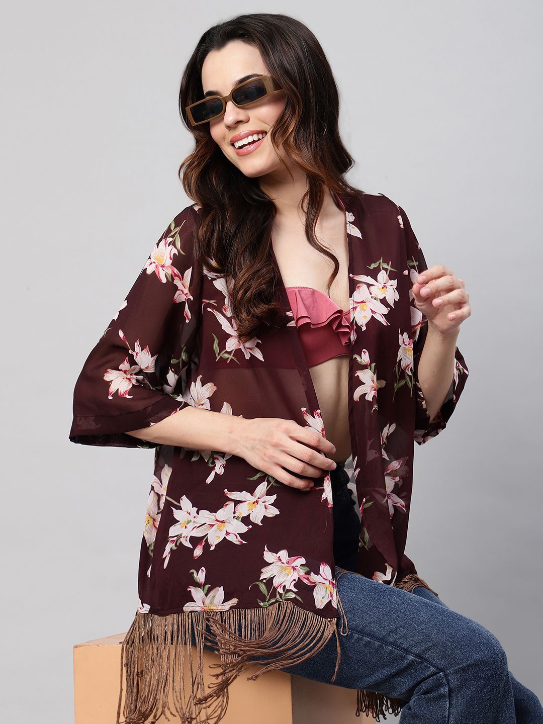 

UnaOne Floral Printed Pure Cotton Front Open Shrug With Fringes, Brown