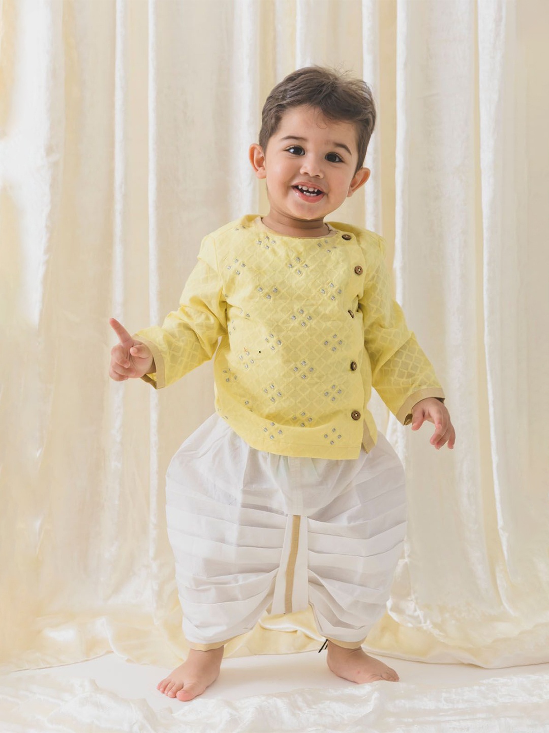 

Tiber Taber Boys Printed Thread Work Pure Cotton Straight Kurta With Dhoti Pants, Yellow