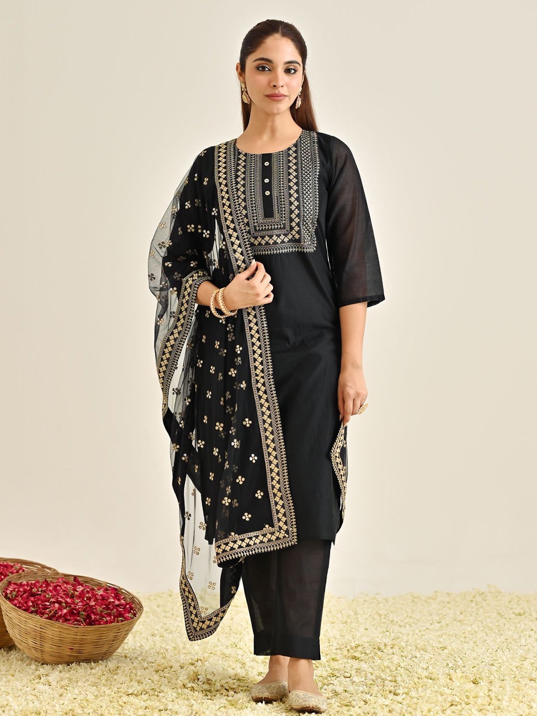 

Rustorange Yoke Design Thread Work Pure Chandari Straight Kurta With Trousers & Dupatta, Black