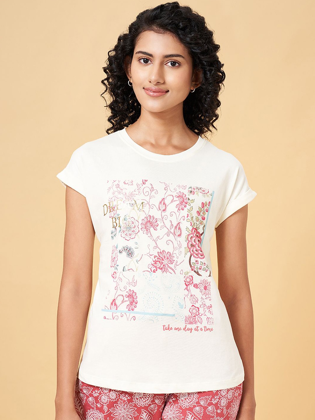 

Dreamz by Pantaloons Printed Short Sleeves Cotton Lounge T-shirt, Off white
