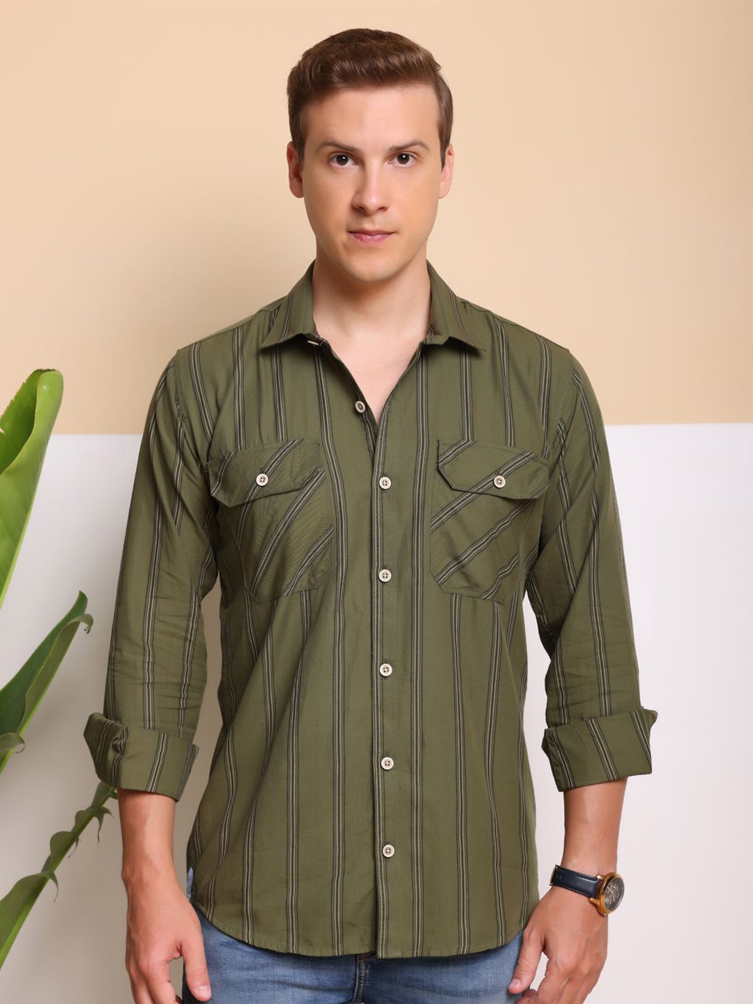 

FILO HEVIS Spread Collar Double Pocket Cotton Check Shirt, Green