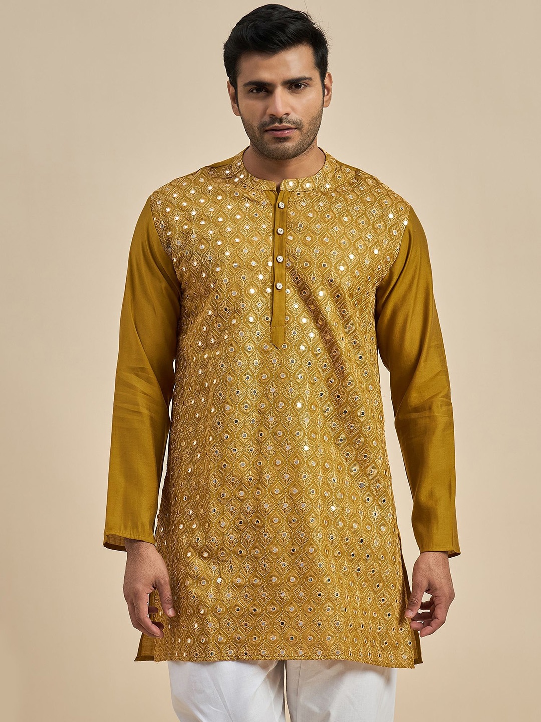 

Anouk Ethnic Motifs Embroidered Mandarin Collar Thread Work Straight Kurta, Mustard