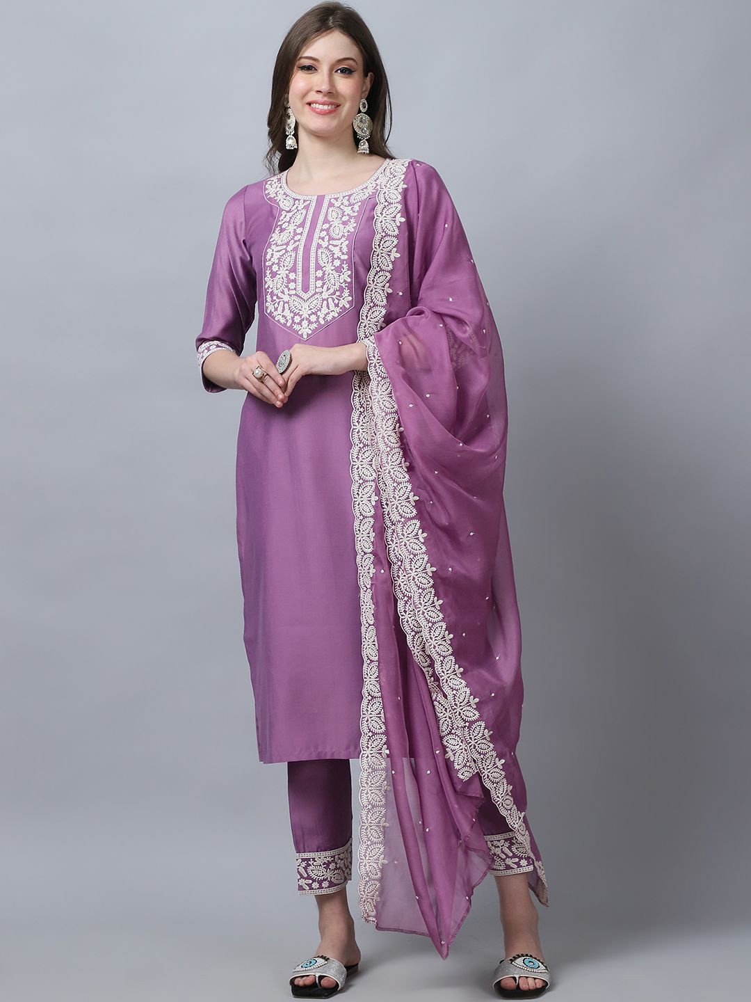 

KALINI Ethnic Motifs Embroidered Pure Silk Straight Kurta with Trousers & Dupatta, Pink