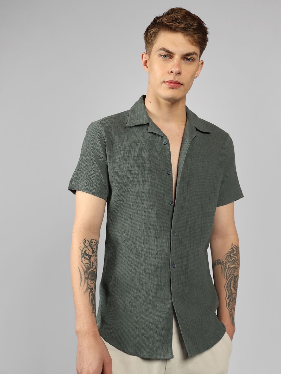 

Dennis Lingo Men Cuban Collar Textured Casual Shirt, Grey