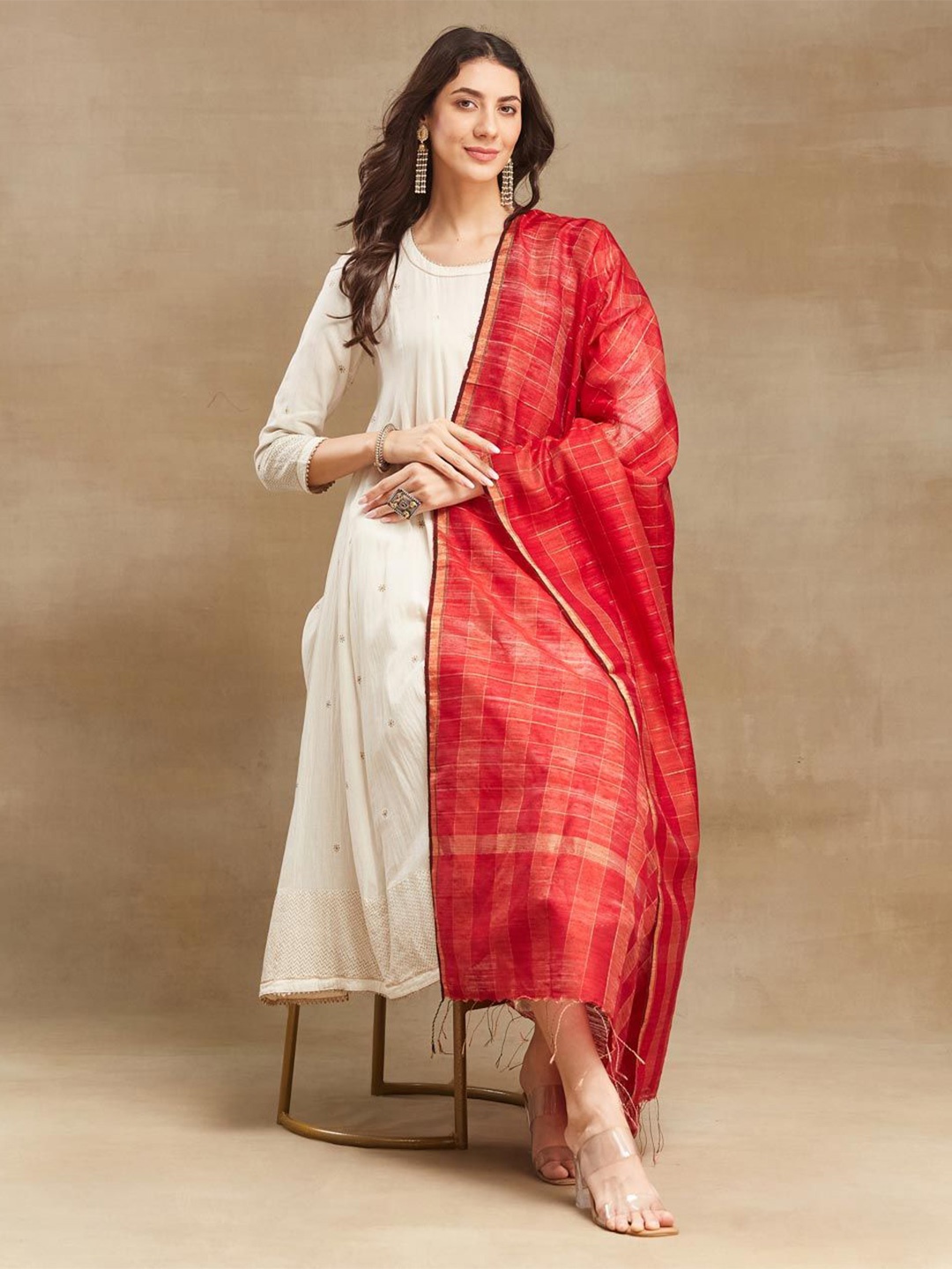 

Fabindia Checked Zari Dupatta, Red