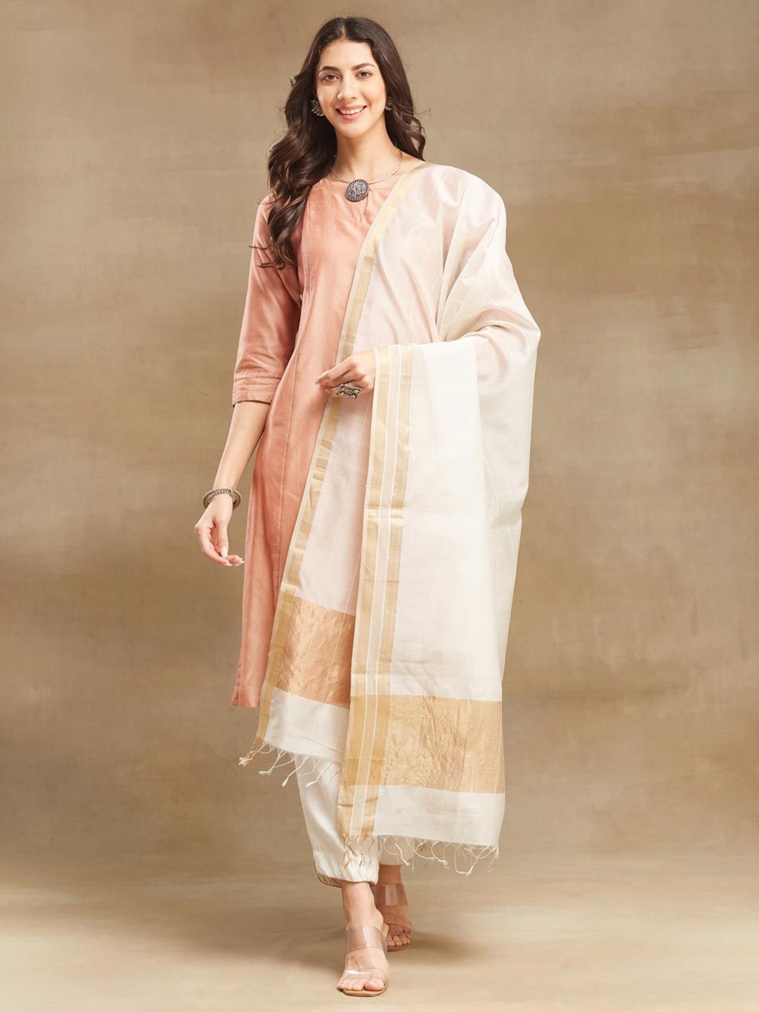 

Fabindia Woven Design Cotton Silk Dupatta with Zari, Beige