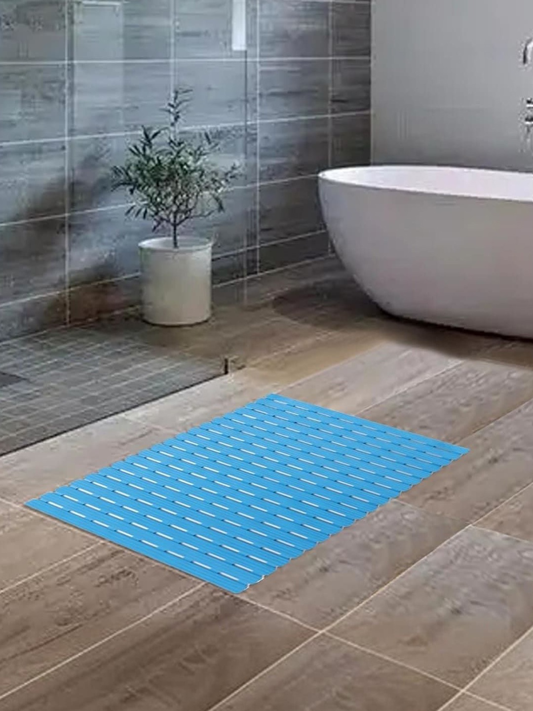 

Kuber Industries Blue 5 Pieces Textured Anti-Skid 240 GSM Bath Rugs