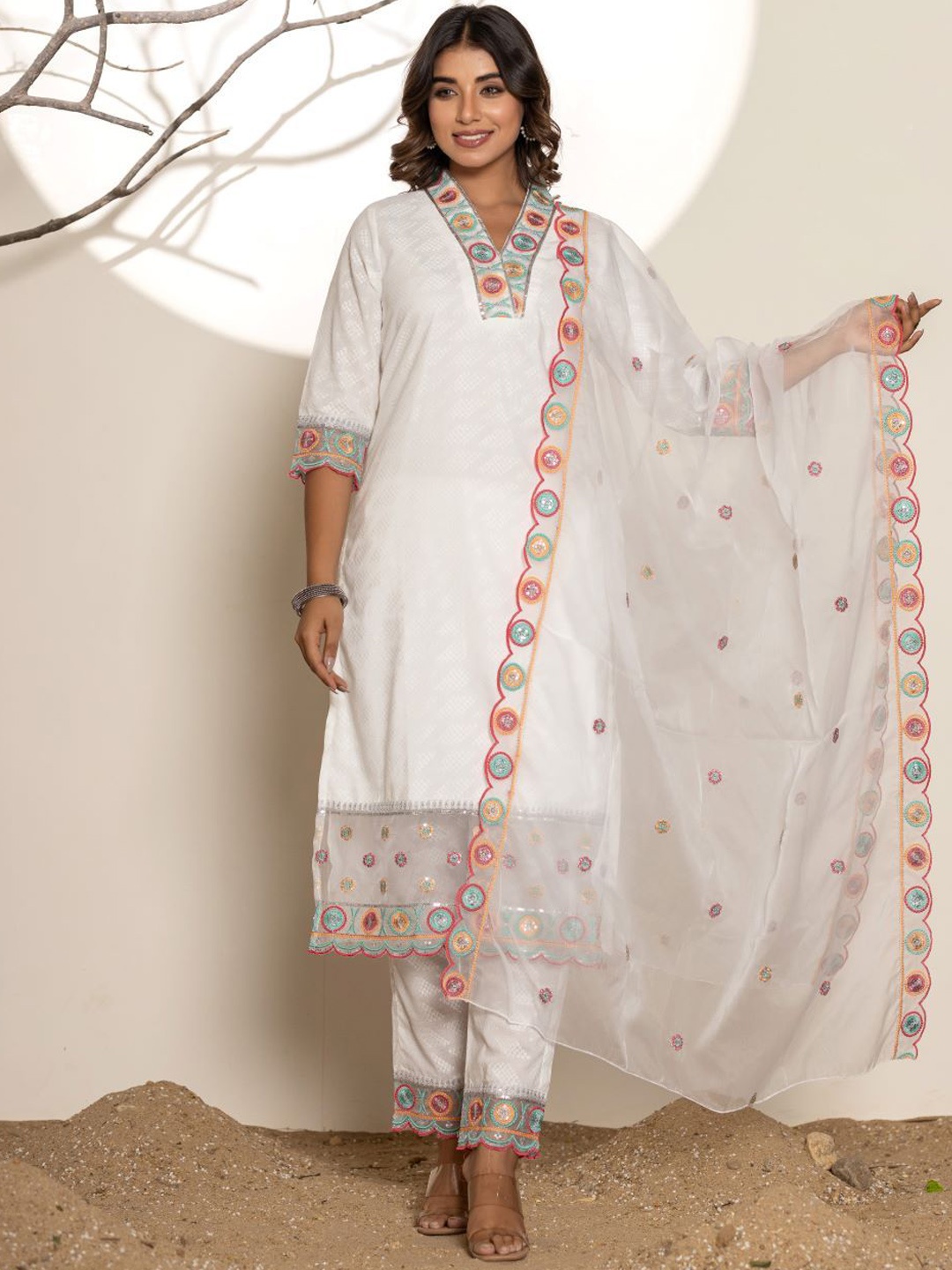 

VASVI Geometric Embroidered Regular Sequinned Pure Cotton Kurta With Trousers & Dupatta, White