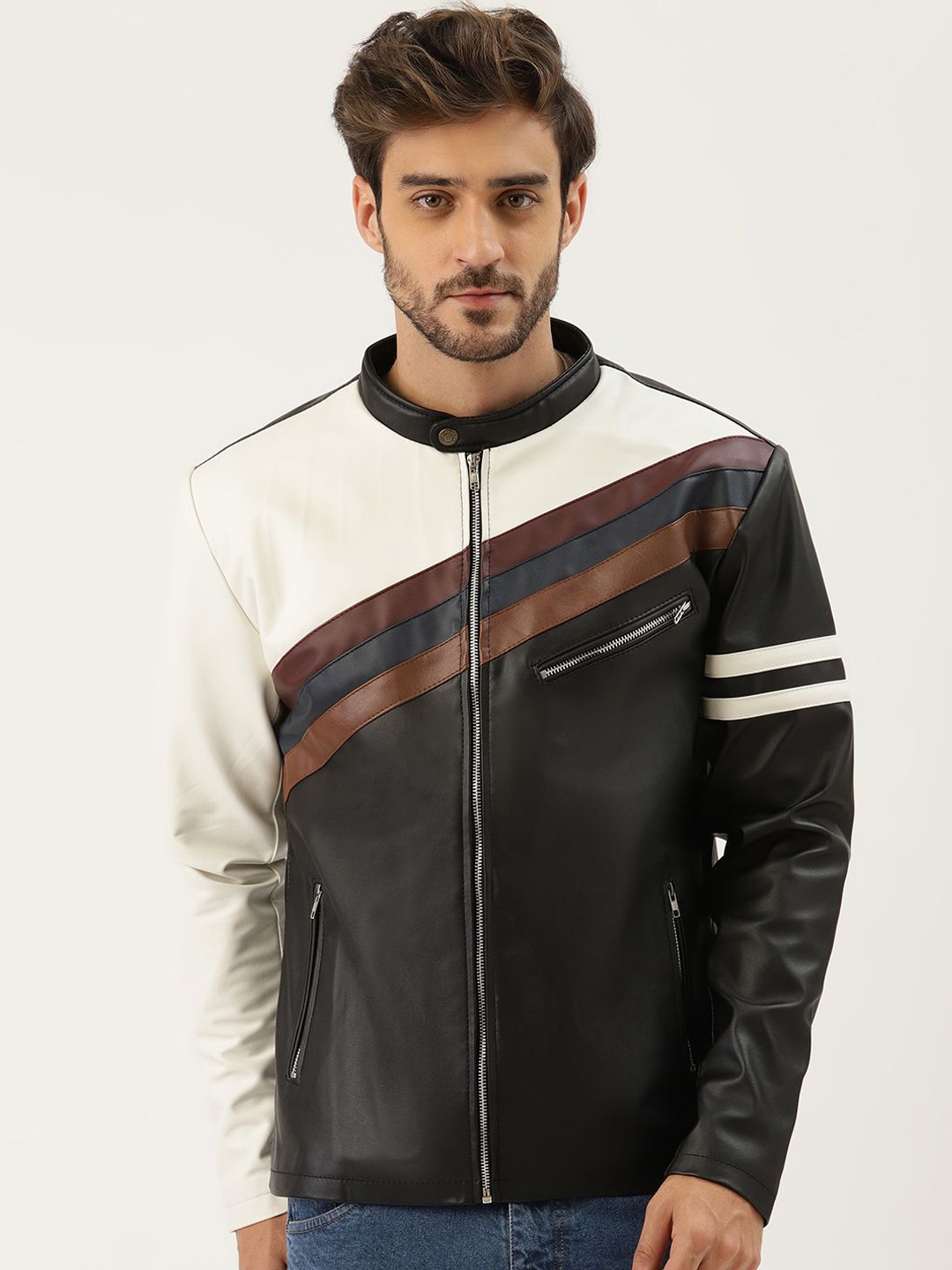 

Leather Retail Men Colourblocked Lightweight Biker Jacket, Black